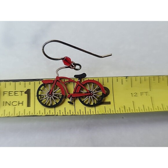 925 Sterling Silver Hook Red Bicycle Shaped Dangling Pierced Plastic Earrings - Picture 10 of 10